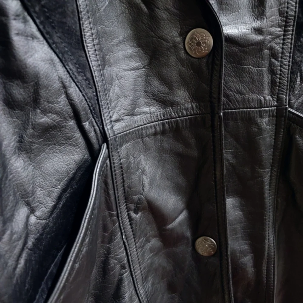 Winlit ✦ 80s Black Genuine Leather Trench Coat ✦ Paneled Vintage Longline M - Picture 11 of 16